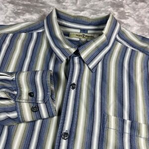 Tommy Bahama Men's XL Button Down Shirt Blue Green Striped 100% Silk LS